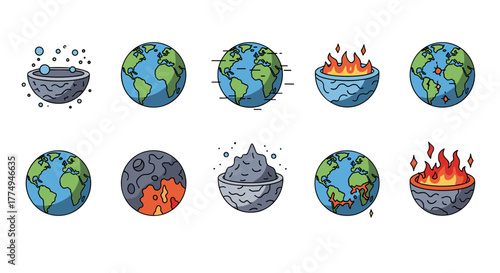 Set of flat line icons representing the planet Earth in various states of environmental distress and natural phenomena, including global warming, volcanic activity, and pollution, presented as