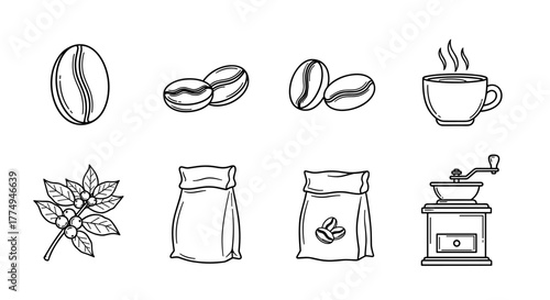 Collection of hand-drawn coffee-related icons and symbols, including a coffee bean, steaming cup, coffee grinder, and jar, perfect for graphic design, web development, apps, advertisements, and