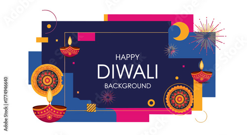 Modern Diwali Festival Background Template Design Vector Illustration with Traditional Diyas, Rangoli Patterns, Fireworks, and Geometric Shapes in Vibrant Colors, Celebrating the Festival of Lights