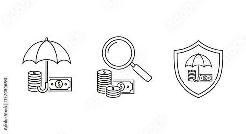 Set of three line icons representing financial security and investment analysis: an umbrella protecting coins and banknotes, a magnifying glass examining money, and a shield safeguarding financial