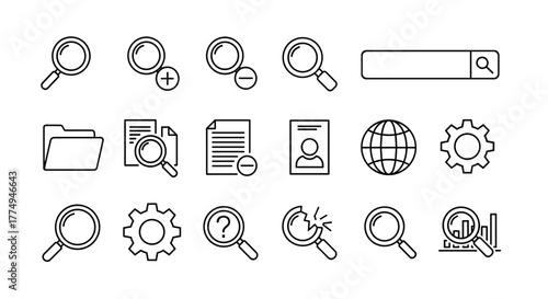 A comprehensive set of magnifying glass and search-related line icons, featuring outline signs perfect for graphic design, web development, app interfaces, advertisements, and various card designs