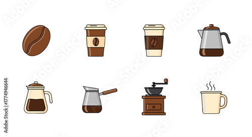 A vibrant collection of minimalistic coffee-themed icons, including a coffee bean, takeaway cups, a classic coffee pot, a cezve, a manual grinder, and a steaming mug, all rendered in a cartoon style