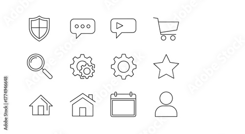 Minimalistic thin outline icons set for web and graphic design, apps, banners, social networks, and cards, featuring a shield, speech bubble, play button, shopping cart, magnifying glass, gears