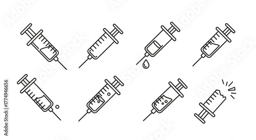 Set of eight simple line art syringe icons with a chalk-like texture on a black background, illustrating medical concepts, vaccinations, and drug administration, perfect for graphic design, apps, and
