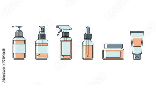 Collection of six stylized cosmetic bottles and containers, including a pump dispenser, spray bottle, dropper bottle, jar, and tube, presented in a clean, modern vector cartoon illustration style