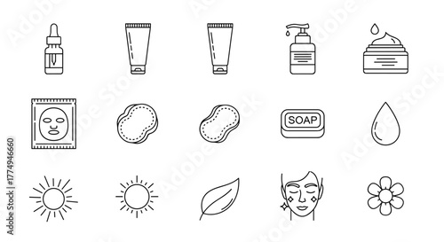 Minimalistic thin outline icons set for skincare and beauty, perfect for web, graphic design, apps, banners, social networks, and cards. Includes serum dropper, tubes, dispenser, cream jar, sheet