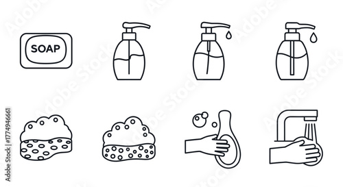 Set of thin line icons representing hygiene and cleanliness, including a bar of soap, liquid soap dispensers, sponges, hand washing with soap and bubbles, and a faucet with running water, perfect for
