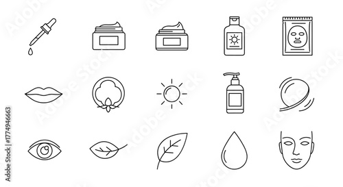 Minimalistic thin outline icons set for skincare and beauty, representing dropper with liquid, cream jars, sunscreen bottle, face mask, lips, cotton, sun, pump bottle, swirl, eye, leaf, water drop