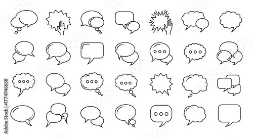 A collection of diverse speech bubble line icons, perfect for graphic design, websites, cards, books, and articles. This vector cartoon illustration features a variety of speech bubble shapes on a