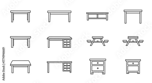 Collection of simple line icons representing various tables, including desks, picnic tables, and side tables, isolated on a black background. This editable stroke vector illustration is suitable for