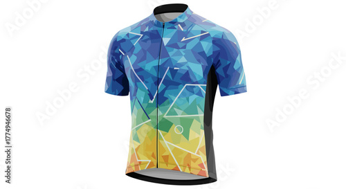 Vibrant geometric pattern cycling jersey mockup featuring a dynamic blend of blue, green, and yellow hues, with white abstract lines and shapes, perfect for showcasing bicycle apparel and sportswear