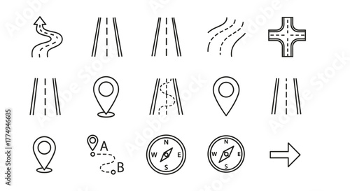 Collection of line icons representing navigation and travel elements, including winding roads, straight highways, intersections, map pins, route paths from A to B, compasses, and directional arrows
