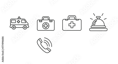 Set of line art icons representing emergency services and medical aid, including an ambulance, two first aid boxes, an emergency call symbol, and a hospital alarm bell, all isolated on a clean white