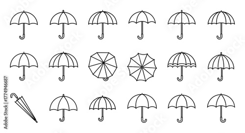 A vibrant and detailed vector illustration of a collection of umbrellas and parasols, meticulously drawn with thin lines in a cartoon style, set against a clean white background, offering a versatile
