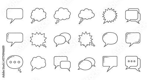 Collection of various speech bubble line icons, outline signs for graphic and web design, apps, adverts, and cards. This vector cartoon illustration features a diverse range of chat boxes and thought