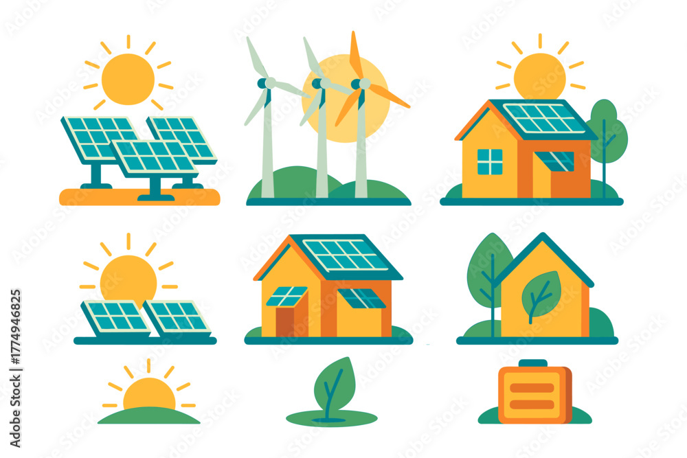 Fototapeta premium Sustainable energy icons featuring solar panels, wind turbines, and eco-friendly homes in flat design