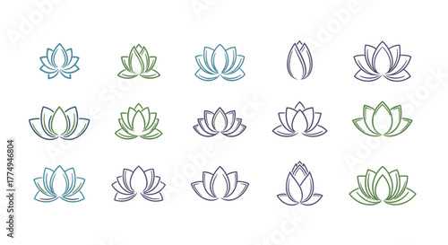 Set of stylized lotus flower icons in various colors including teal, green, and purple, presented as clean line art with a subtle textured effect, suitable for logos, branding, and wellness themes
