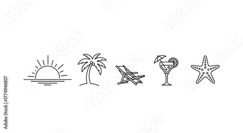 Vibrant Sunset Beach Icons: A minimalist outline collection capturing the essence of paradise with a setting sun over water, a tropical palm tree silhouette, a relaxing beach chair, a refreshing