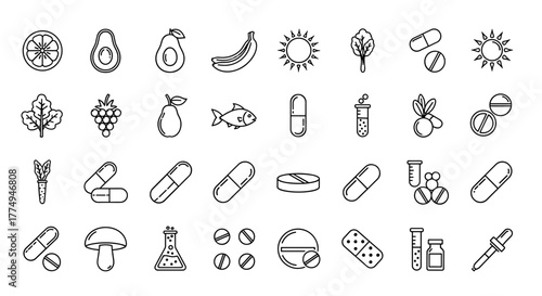Set of black vector icons representing vitamins and supplements, both natural and chemical, isolated on a clean white background. This collection features ordered line illustrations, perfect for