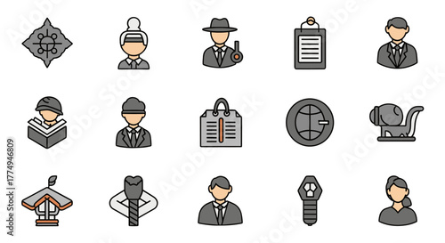 Set of ESG icons representing Environmental, Social, and Governance principles, featuring editable stroke outlines for climate crisis, business, and corporate responsibility themes, perfect for