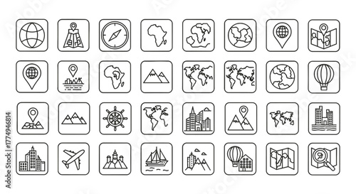 Pixel-perfect square line vector icon set for applications and website development, featuring world regions, travel, and navigation elements. Includes globes, maps, compasses, location pins