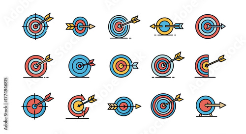 Set of 15 flat design target and arrow icons, representing goals, success, and achievement. This collection features various styles of targets with arrows hitting the bullseye, symbolizing accuracy