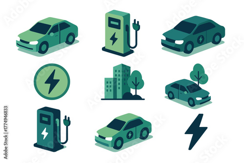 Isometric electric vehicles and charging stations in urban setting