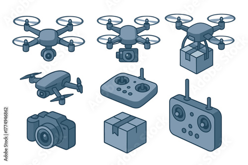 Isometric drone and accessories collection with remote controllers and packages