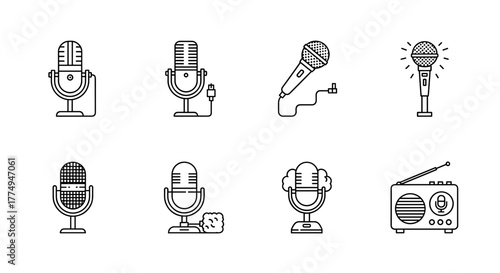 Collection of flat line icons representing various microphones, including vintage podcast microphones, journalist microphones, karaoke mics, conference mics, and a retro radio, all presented as
