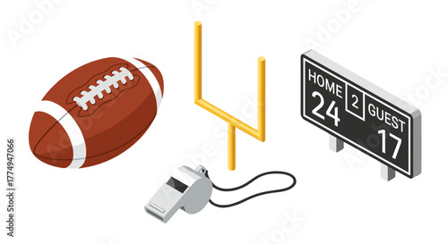Isometric American football game equipment icons set with ball, goalpost, whistle, and scoreboard showing score 24 to 17, perfect for sports graphics and digital designs, isolated on black