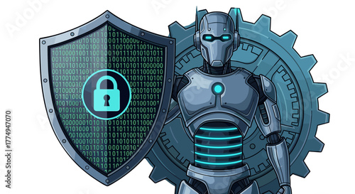 Futuristic robot guardian with a binary code shield and a large gear, symbolizing cybersecurity, artificial intelligence, automation, industrial protection, and digital safety in a high-tech