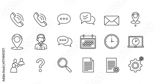 A clean and modern line icon set representing various aspects of business communication and operations, including phone calls, messages, emails, location services, customer support, scheduling, time