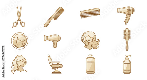Golden gradient icons set for a hair salon, featuring scissors, combs, hair dryers, brushes, barber chair, shampoo bottles, and stylized female hairstyles, perfect for branding and web design on a