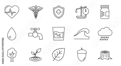 A collection of simple, hand-drawn line illustrations featuring health, water, and nature elements, including a heartbeat monitor, caduceus, shield with cross, water drop, faucet, tree, seedling