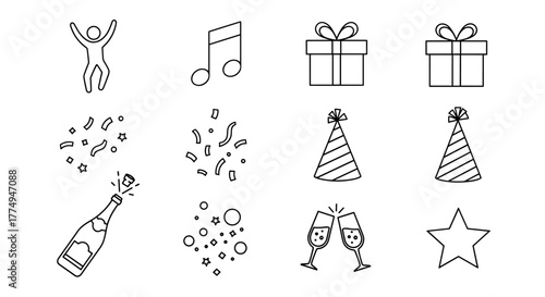A collection of line icons representing party and celebration elements, including icons for dancing, music, congratulations, and more, presented in a clean, ordered style on a white background