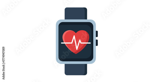 Modern smartwatch displaying a vibrant red heart icon with a white electrocardiogram (ECG) line, symbolizing health monitoring, fitness tracking, and medical data visualization, presented on a dark