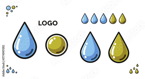 Vivid cartoon illustration of water drops and olive oil drops, presented as a logo and business card design element on a clean white background. This ordered set features distinct blue water droplets