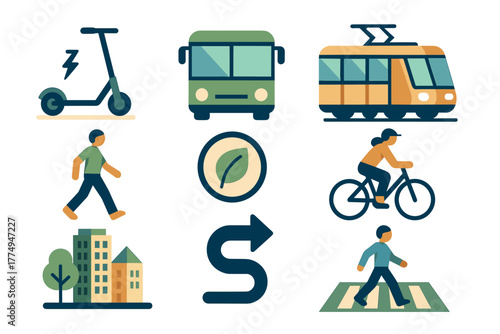 Eco-friendly urban transportation icons featuring sustainable travel and cityscapes
