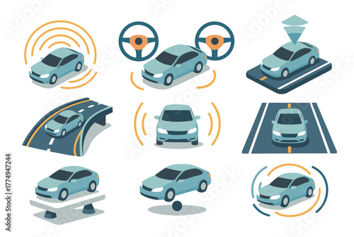 Smart car technology icons: autonomous driving, sensors, and navigation in isometric style