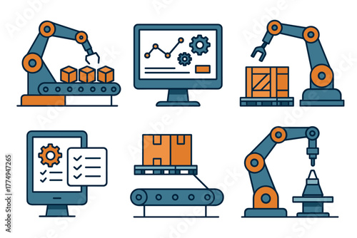 Industrial robot automation with flat style icons for modern manufacturing