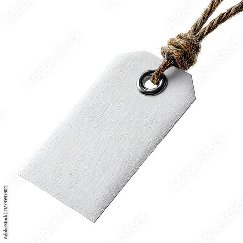 Blank white textured price tag with rustic twine string and metal grommet, perfect for product labeling and branding