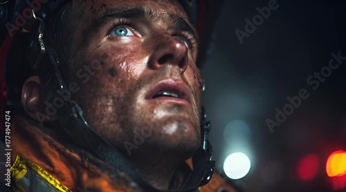 Intense portrait of a heroic firefighter's face covered in soot