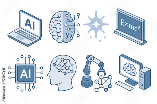 Isometric tech icons: ai, brain, neural network, and robotics for futuristic design