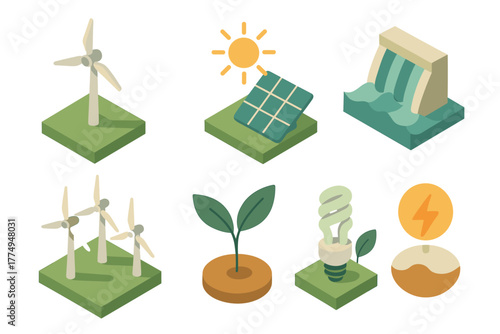 Renewable energy sources in isometric style: wind, solar, hydro, and eco-friendly icons