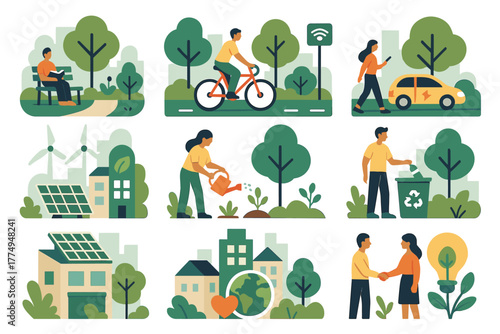 Eco-friendly and sustainable lifestyle concepts in modern flat style