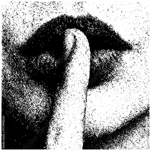 Black and white lips with finger gesture shh, retro xerography halftone engraving collage isolated on transparent background