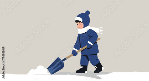 Cute vector illustration of a child with snow shovel for winter greeting card or kids blog