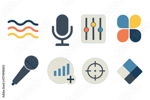 Audio and music icons set with microphones and controls