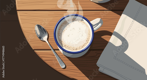 Top view illustration of hot milk in enamel mug for cafe menu or cozy lifestyle blog content