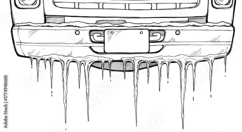 Illustration of icicles on truck bumper for winter transport and automotive service advertising